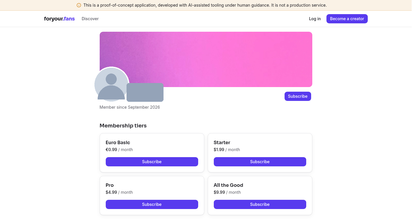 A creator's foryour.fans profile page showing a banner, avatar, and four membership tiers with monthly pricing and Subscribe buttons. The creator's avatar and name are blurred out for this writeup.