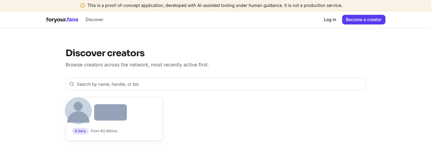 foryour.fans Discover creators page with a search bar and a creator card showing tier count and starting price. The creator's avatar and handle are blurred out for this writeup.
